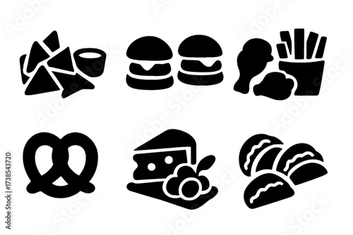 Black Food Icons. Solid, filled icon set of happy hour food pairings: nachos, sliders, wings, fries, pretzel, cheese platter, olives, mini tacos. Solid, filled