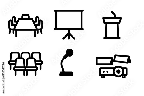 Empty Office Icons. Solid, filled icon set of empty corporate office: empty conference room, no people, blank presentation screen, empty podium, vacant