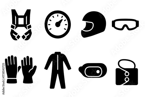 Parachute Gear Icons. Solid, filled icon set of parachute equipment: harness, altimeter, helmet, goggles, gloves, jumpsuit, automatic activation device,