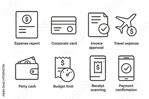 Company Expense Icons. Outline icon set of company expenses: expense report, corporate card, invoice approval, travel expense, petty cash, budget limit,