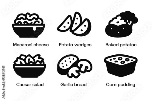 Classic Side Dishes Icons. Solid, filled icon set of classic side dishes: macaroni and cheese, potato wedges, baked potatoes, steamed broccoli, Caesar salad,