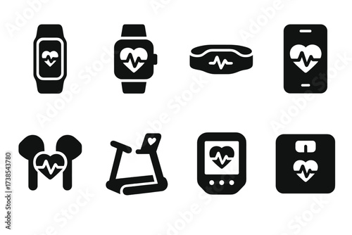 Heartbeat Gadget Icons. Solid, filled icon set of heartbeat tech gadgets: fitness tracker, smartwatch, heart rate monitor, mobile app, wireless earbuds,