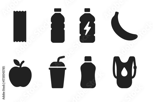 Running Nutrition Icons. Solid, filled icon set of running nutrition: energy bar, water bottle, electrolyte drink, banana, apple, protein shake, sports gel,