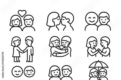 Couple Emotion Icons. Outline icon set of couple emotions: love heart, kissing, smiling faces, holding hands, hugging, exchanging rings, blushing cheeks,