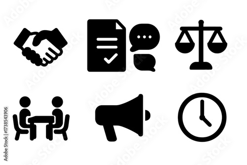 Negotiation Icons Set. Solid, filled icon set of negotiation: handshake, contract, speech bubbles, agreement document, scales of justice, negotiation table,