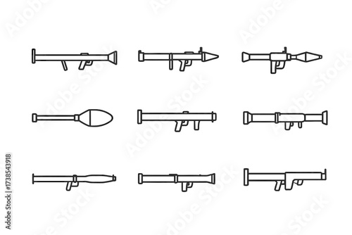 Bazooka Icon Set. Outline icon set of bazooka historical models: M1 bazooka, M9 bazooka, RPG-, Panzerfaust, Carl Gustaf, AT4, LAW, Panzerschreck. Line icons in