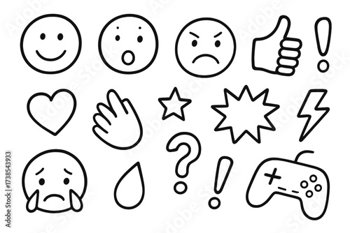 Game Emotions Doodles. Hand-drawn doodle illustration Game streaming emotions and reactions smiley face, surprised face, angry face, thumbs up, heart, clapping
