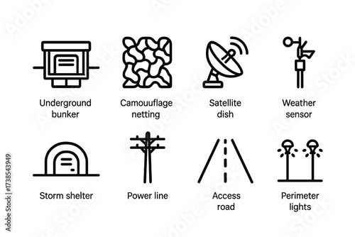 Missile Silo Icons. Outline icon set of missile silo environmental elements: underground bunker, camouflage netting, satellite dish, weather sensor, storm