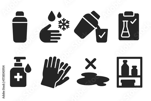 Shake Safety Icons. Solid, filled icon set of shake health and safety: clean shaker, ice hygiene, safe pouring, drink testing, sanitizer, bar gloves, no