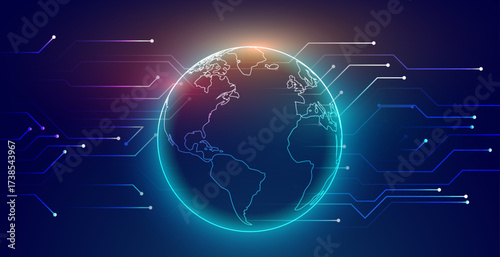Digital earth with glowing lines and data streams on dark background