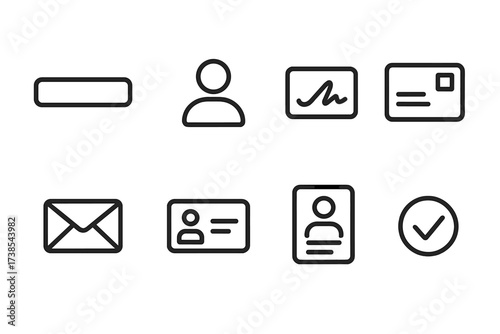 Sender Info Icons. Outline icon set of sender information input: text field, user avatar, signature box, address label, mail envelope, contact card, profile