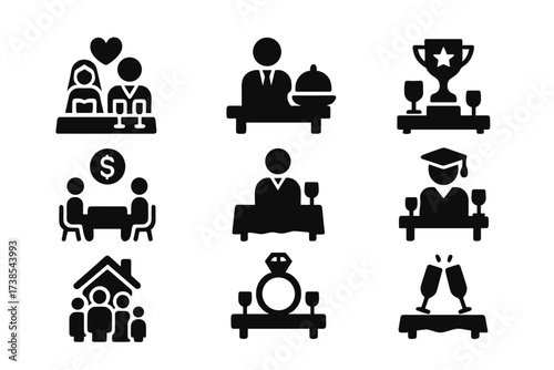 Event Icon Set. Solid, filled icon set of banquet event types: wedding reception, corporate dinner, award banquet, fundraiser gala, graduation party, family