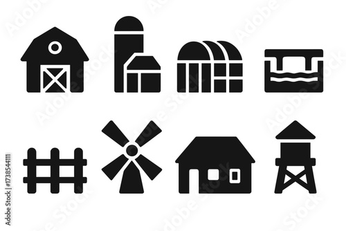 Farming Infrastructure Icons. Solid, filled icon set of farming infrastructure: barn, silo, greenhouse, irrigation canal, fence, windmill, farmhouse, water