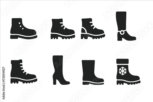 Versatile Boot Icons. Solid, filled icon set of boot occasions: casual wear, worksite, outdoor adventure, riding, military, fashion show, rainy day, snow day.