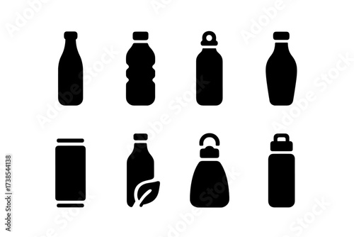 Black Bottle Icons. Solid, filled icon set of bottle materials: glass bottle, plastic bottle, metal bottle, ceramic bottle, aluminum bottle, biodegradable