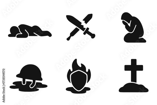Battlefield Sacrifice Icons. Solid, filled icon set of battlefield sacrifice: fallen soldier, broken sword, empty helmet, blood-soaked ground, flag in ground,