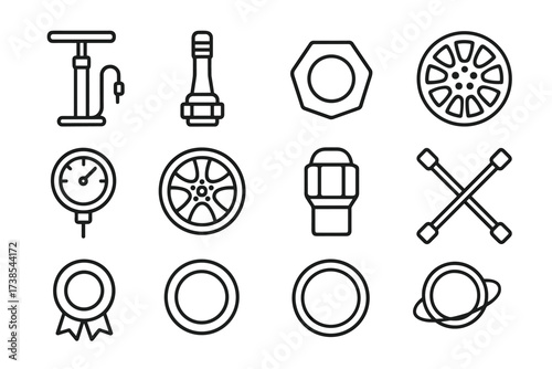 Circular Icon Collection. Outline icon set of wheel accessories: tire pump, valve stem, lug nut, hubcap, tire pressure gauge, rim, wheel lock, wheel brace.