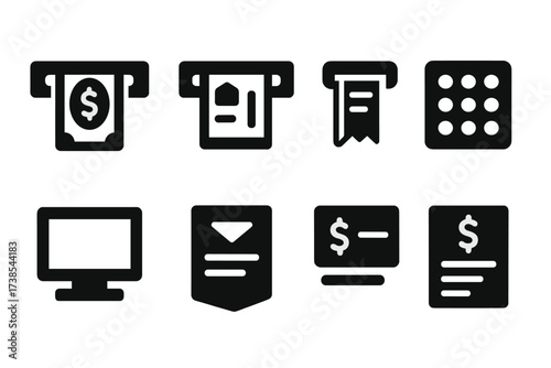 ATM Interface Icons. Solid, filled icon set of ATM deposit interface: insert cash icon, check reader, receipt slot, keypad icon, screen interface, deposit