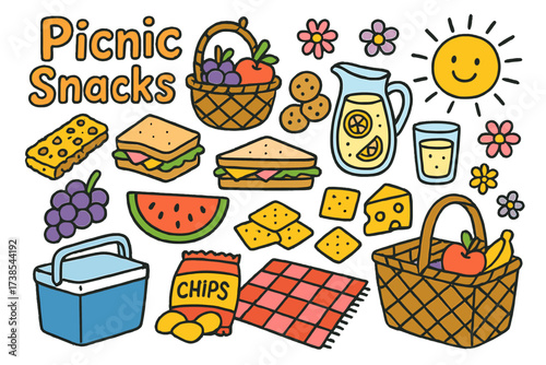Delightful Picnic Spread. Picnic Snacks. Colorful Hand-drawn doodle Children illustration granola bar, fruit basket, sandwiches, cookies, lemonade, grapes,