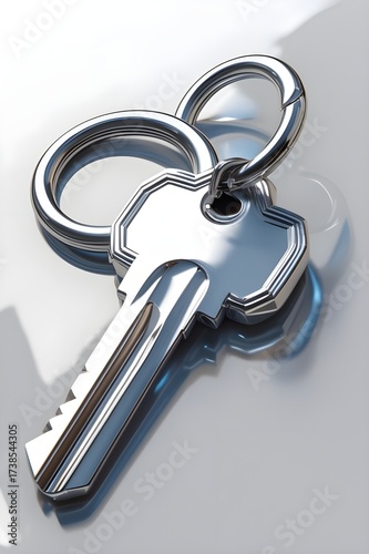 Shiny Metal Key on Ring, Symbolizing Security, Access, and New Beginnings: Isolated on a Light Reflective Surface
