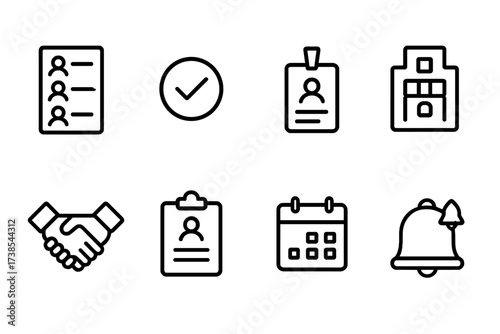 Guest & VIP Icons. Outline icon set of guest management: guest list, checkmark, name tag, seating chart, handshake, clipboard, calendar, bell notification.