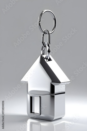 Metallic Miniature House Keyring on Reflective Gray Surface