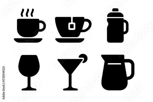 Kitchen Beverage Icons. Solid, filled icon set of kitchen beverages: coffee cup, tea cup, kettle, water bottle, wine glass, cocktail glass, blender jar,