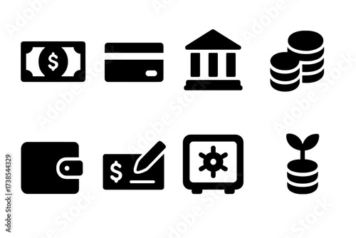 Budget Finance Icons. Solid, filled icon set of budget finance: cash, credit card, bank, coins, wallet, check, safe, investment. [Solid, filled icons in only