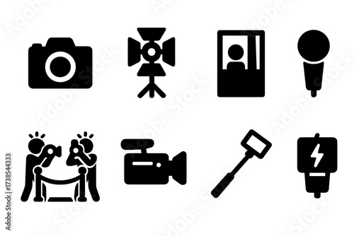 Gala Media Icon Set. Solid, filled icon set of gala media and photography: camera, spotlight, photo booth, microphone, red carpet paparazzi, video camera,