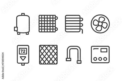 Air Conditioner Components. Outline icon set of air conditioner components: compressor, condenser coil, evaporator coil, fan blade, thermostat, air filter,