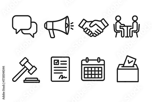 Arms Deal Icons. Outline icon set of arms deal negotiation: speech bubbles, megaphone, handshake, meeting table, gavel, contract, calendar, voting ballot. Line