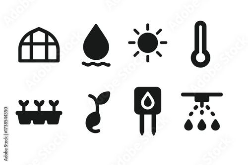 Seed Germination Icons. Solid, filled icon set of seed germination environment: greenhouse, soil moisture, sunlight, temperature gauge, seed tray, sprouting