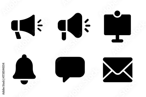 Announcement Icon Set. Solid, filled icon set of announcement: megaphone, loudspeaker, microphone, bulletin board, notification bell, speech bubble, newspaper,