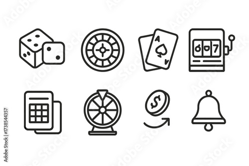 Game of Chance Icons. Outline icon set of game of chance: dice, roulette wheel, playing cards, slot machine, lottery ticket, spinner, coin toss, jackpot bell.