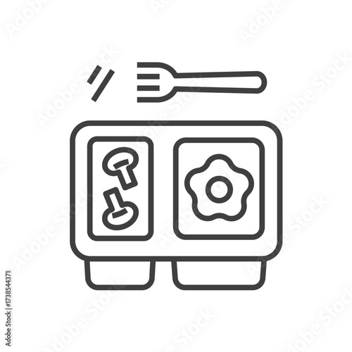 Vector icon of a meal tray with mushrooms, fried egg, and a fork in outline style. Lunch tray, school canteen meal, lunch box, take away food packaging theme. Editable stroke. Isolated on white
