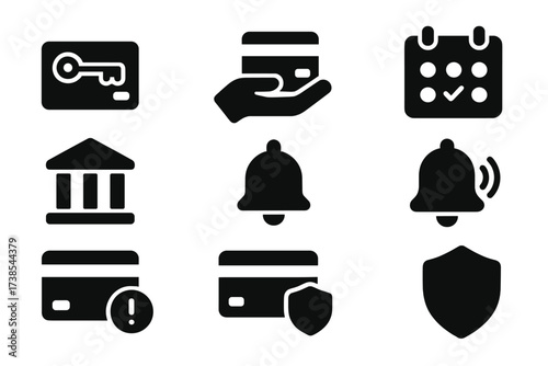 Credit Icon Set. Solid, filled icon set of building credit: card activation, first credit, payment history, credit builder loan, account opening, monthly