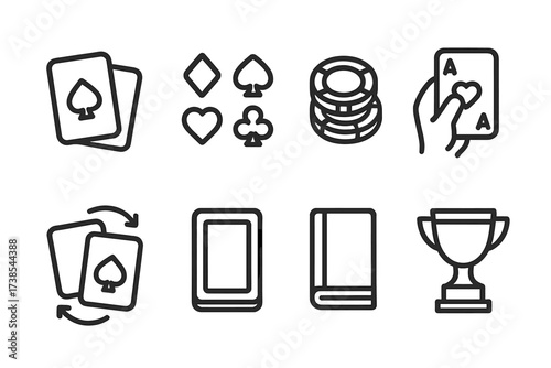 Poker Icons Collection. Outline icon set of pair poker hand: two cards, playing cards, card suits, poker chips, card hand, shuffle deck, card deck, trophy.