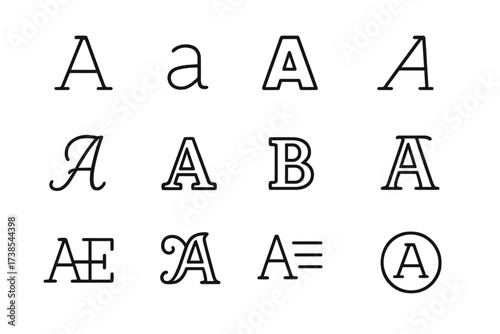 Black Line Letter Icons. Letter design. Line icon set of letter design: uppercase letter, lowercase letter, bold letter, italic letter, script letter, serif