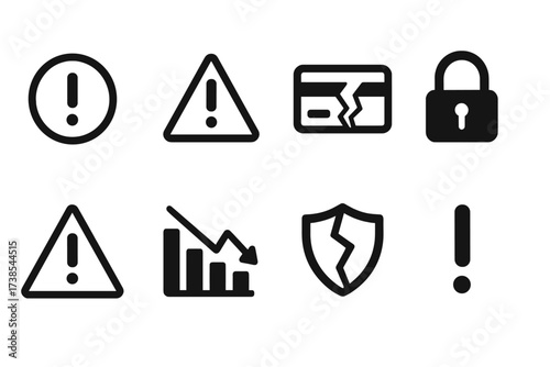 Financial Risk Icons. Solid, filled icon set of financial exposure: danger mark, alert triangle, broken credit card, locked padlock, warning sign, failing bar