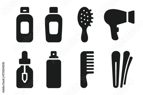 Hair Care Icons. Solid, filled icon set of daily hair care: shampoo, conditioner, hairbrush, hairdryer, hair serum, hairspray, comb, hair clips. Solid, filled