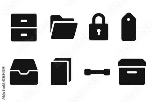 Filing Cabinet Icons. Solid, filled icon set of filing cabinet: drawer, file folder, lock, label tag, open drawer, stack of files, handle, archive box. [Line