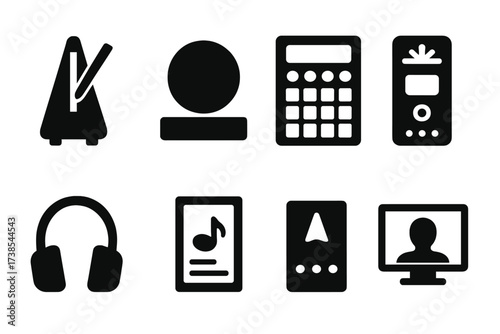 Percussion Tools Icons. Solid, filled icon set of percussion practice tools: metronome, practice pad, drum machine, recording device, headphones, sheet music,
