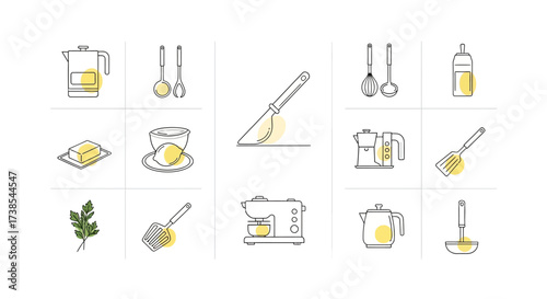Collection of Essential Kitchen Utensils and Appliances for Everyday Cooking and Food Preparation Needs
