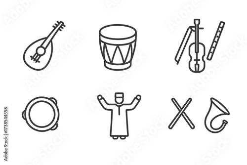 Omani Musical Icons. Outline icon set of Omani music and instruments: Oud, Drum, Rababa, Nay flute, Tambourine, Traditional dance, Drumsticks, Horn. Line icons