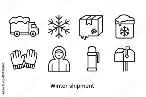 Winter Shipping Icons. Outline icon set of winter shipment: snow-covered truck, ice crystal, package with frost, insulated box, warm gloves, delivery man in