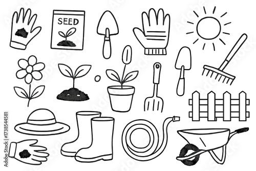 Garden Tools Doodle. Hand-drawn doodle illustration Growing plants with gloves seed packet, garden gloves, trowel, watering can, flower, plant pot, shovel,