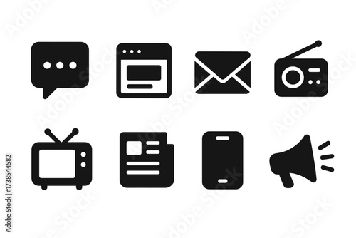 Announcement Platforms Icons. Solid, filled icon set of announcement platforms: social media, website, email, radio, TV, newspaper, mobile app, public address