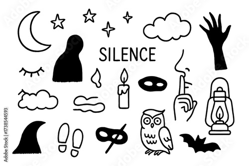 Nighttime Silence Symbols. Hand-drawn doodle illustration darkness and silence shadow, moon, stars, closed eyes, fog, candle, footsteps, quiet symbol, silence