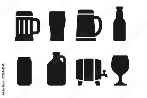 Beer Container Icons. Solid, filled icon set of beer containers: beer mug, pint glass, stein, bottle, can, growler, keg, chalice glass. Solid, filled icons in