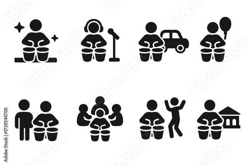 Bongo Performance Icon Set. Solid, filled icon set of bongo performance settings: live concert, studio recording, street performance, festival, rehearsal, drum